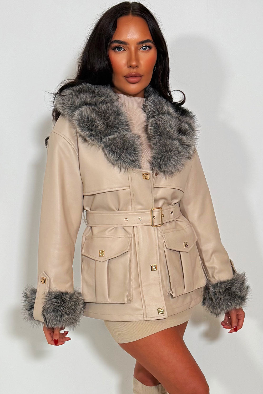 womens faux fur collar faux fur cuff fau leather jacket with waist belt winter jacket styledup