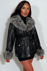 womens faux fur collar faux fur cuff fau leather jacket with waist belt winter jacket styledup