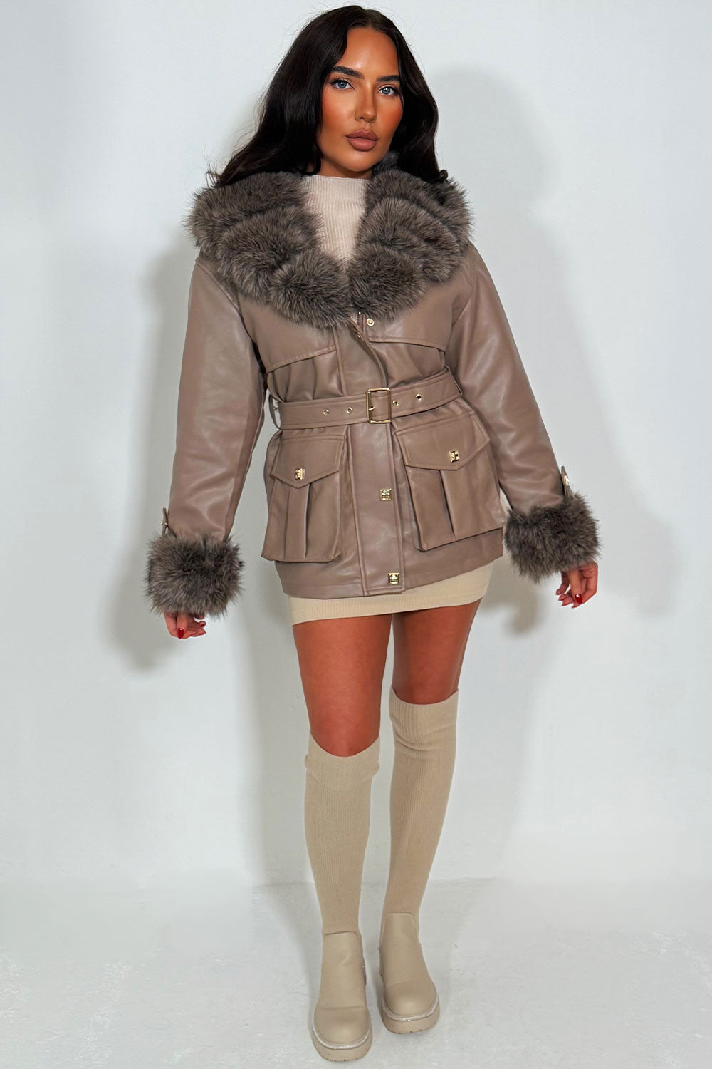 womens faux fur collar faux fur cuff fau leather jacket with waist belt winter jacket styledup