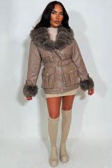 womens faux fur collar faux fur cuff fau leather jacket with waist belt winter jacket styledup