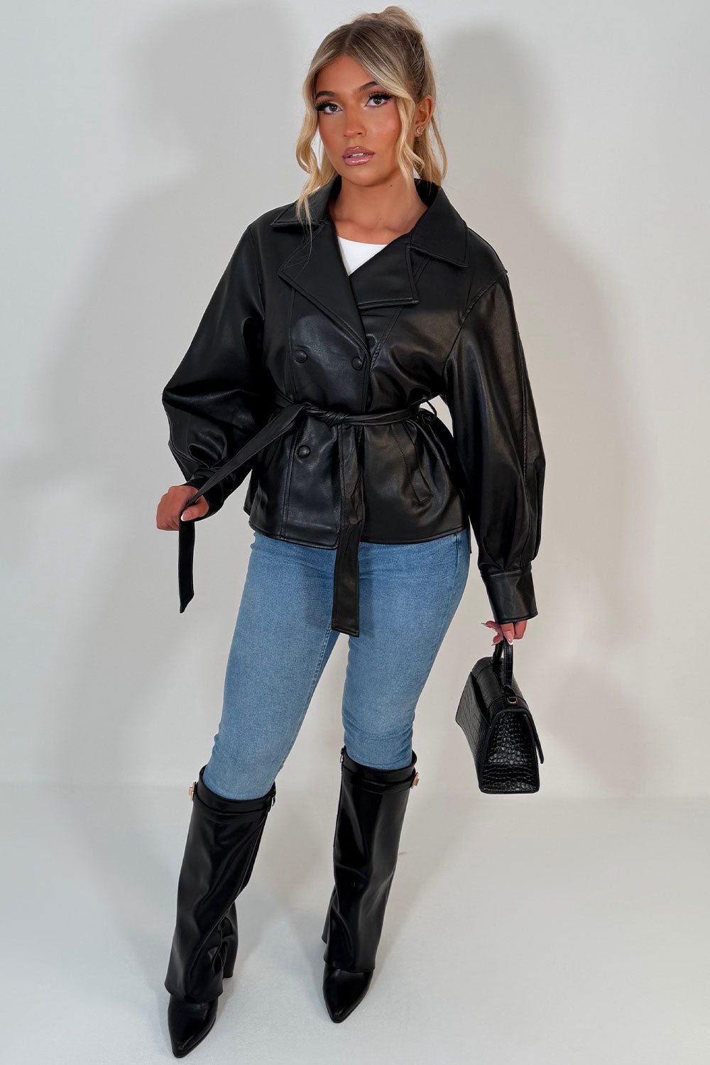 zara womens faux leather double breasted belted jacket black styledup uk