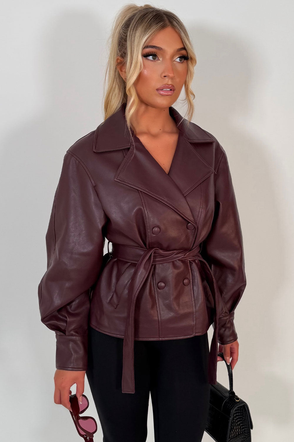 zara womens faux leather double breasted belted jacket burgundy styledup uk