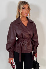 zara womens faux leather double breasted belted jacket burgundy styledup uk