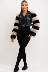 womens contrast faux fur sleeve faux leather jacket