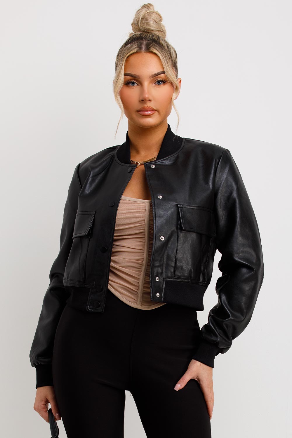 Women's Black Faux Leather Bomber Jacket – Styledup.co.uk