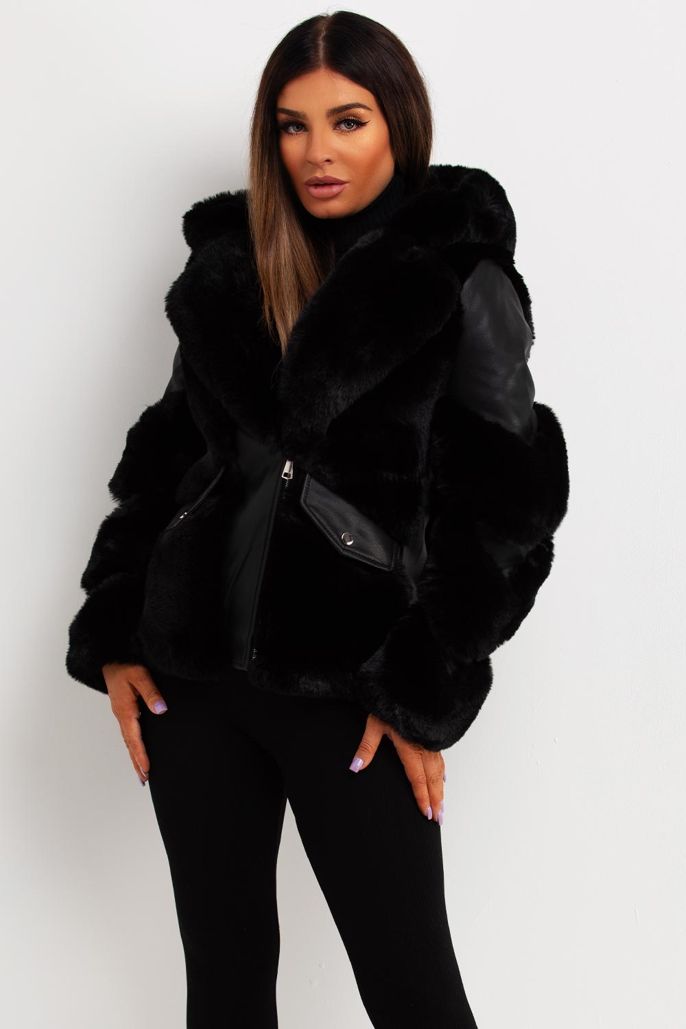 womens faux leather faux fur aviator jacket sale uk