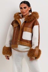 faux fur hood shearling faux leather jacket