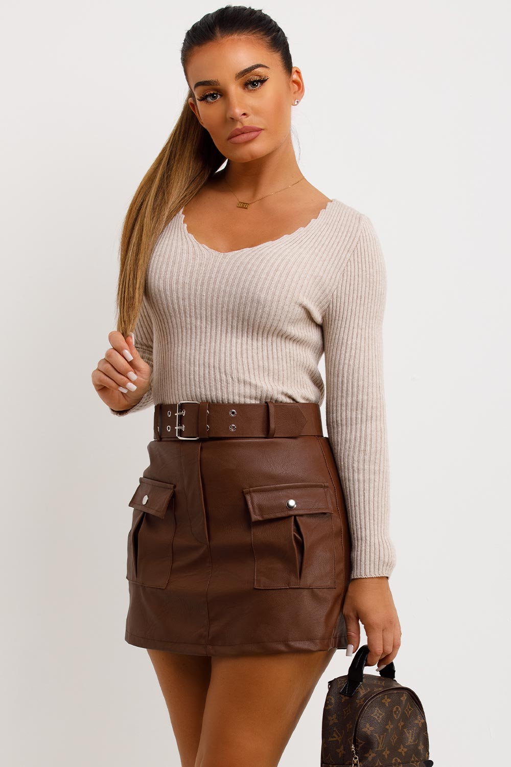 faux leather belted skorts