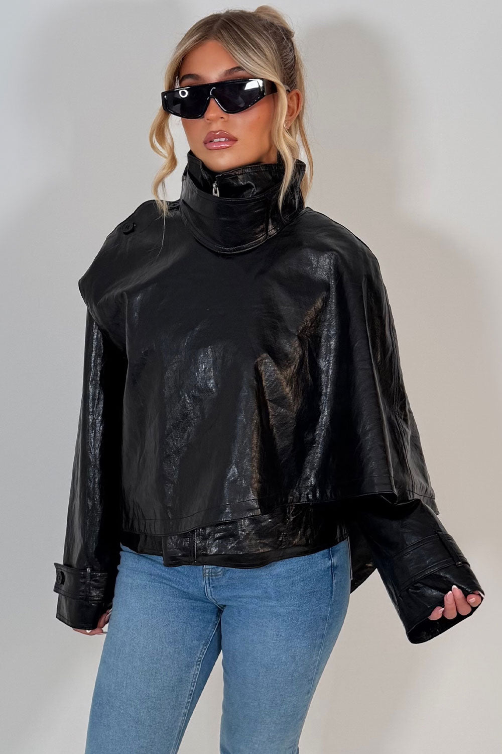 womens black faux leather jacket with scarf detail premium quality styledup uk 