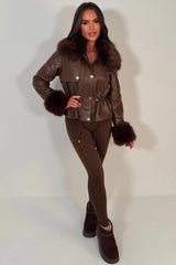 womens brown faux fur faux leather jacket styledup uk