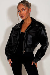 womens zara faux leather short jacket with high collar long sleeves shoulder tabs pockets on front black