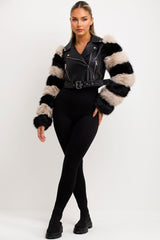 womens faux fur contrast sleeve faux leather crop aviator jacket styled up