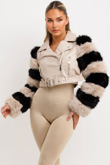 contrast fur sleeve faux leather crop aviator jacket for womens