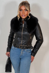 black faux leather faux fur collar jacket for winter styledup uk