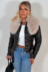 black faux leather beige faux fur collar jacket styledup uk