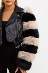 womens contrast faux fur faux leather jacket