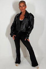 womens crop faux leather jacket with tabs zara uk sale