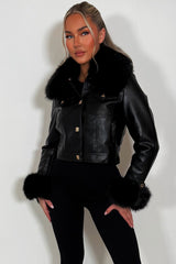 womens fur cuff and collar faux leather gold button bomber jacket styled up
