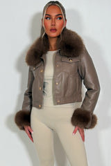 womens fur cuff and collar faux leather gold button bomber jacket styled up