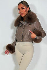 faux fur cuff and collar faux leather bomber jacket with gold buttons styledup womens outerwear christmas outfit 