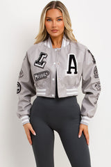 womens faux leather crop bomber jacket