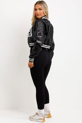 LA faux leather varsity bomber crop jacket womens