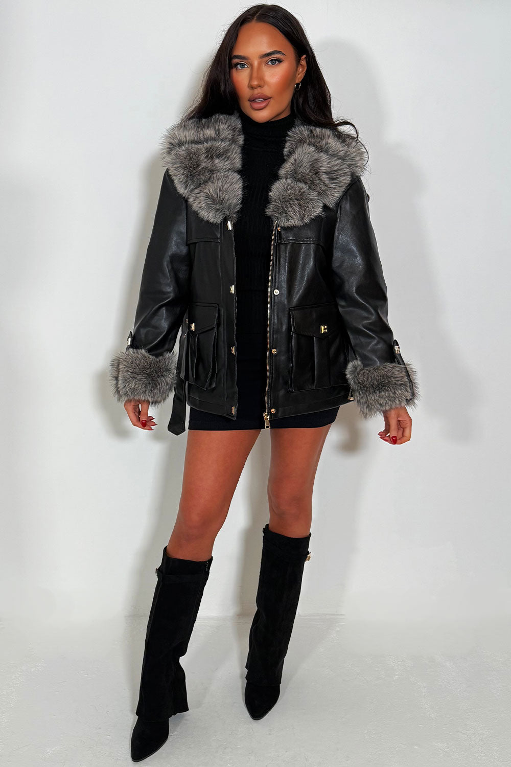 faux fur collar faux fur cuff winter jacket with belt styledup