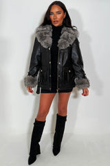 faux fur collar faux fur cuff winter jacket with belt styledup