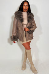 faux fur collar faux fur cuff winter jacket with belt styledup
