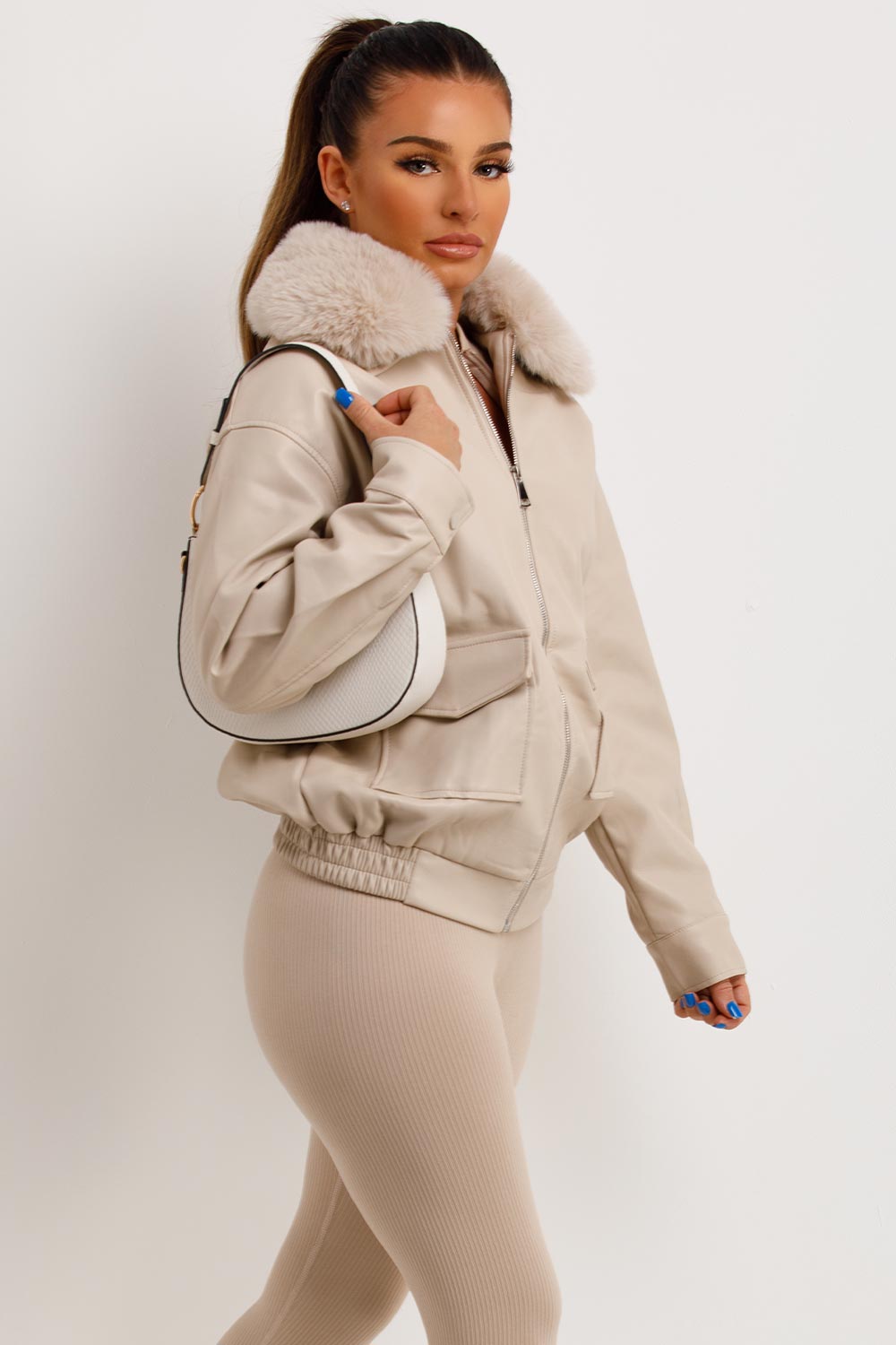 womens bomber jacket with faux fur collar