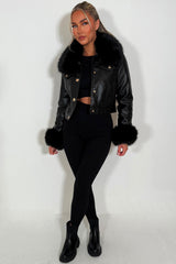 faux fur cuff faux fur collar faux leather bomber jacket with gold buttons for womens styled up