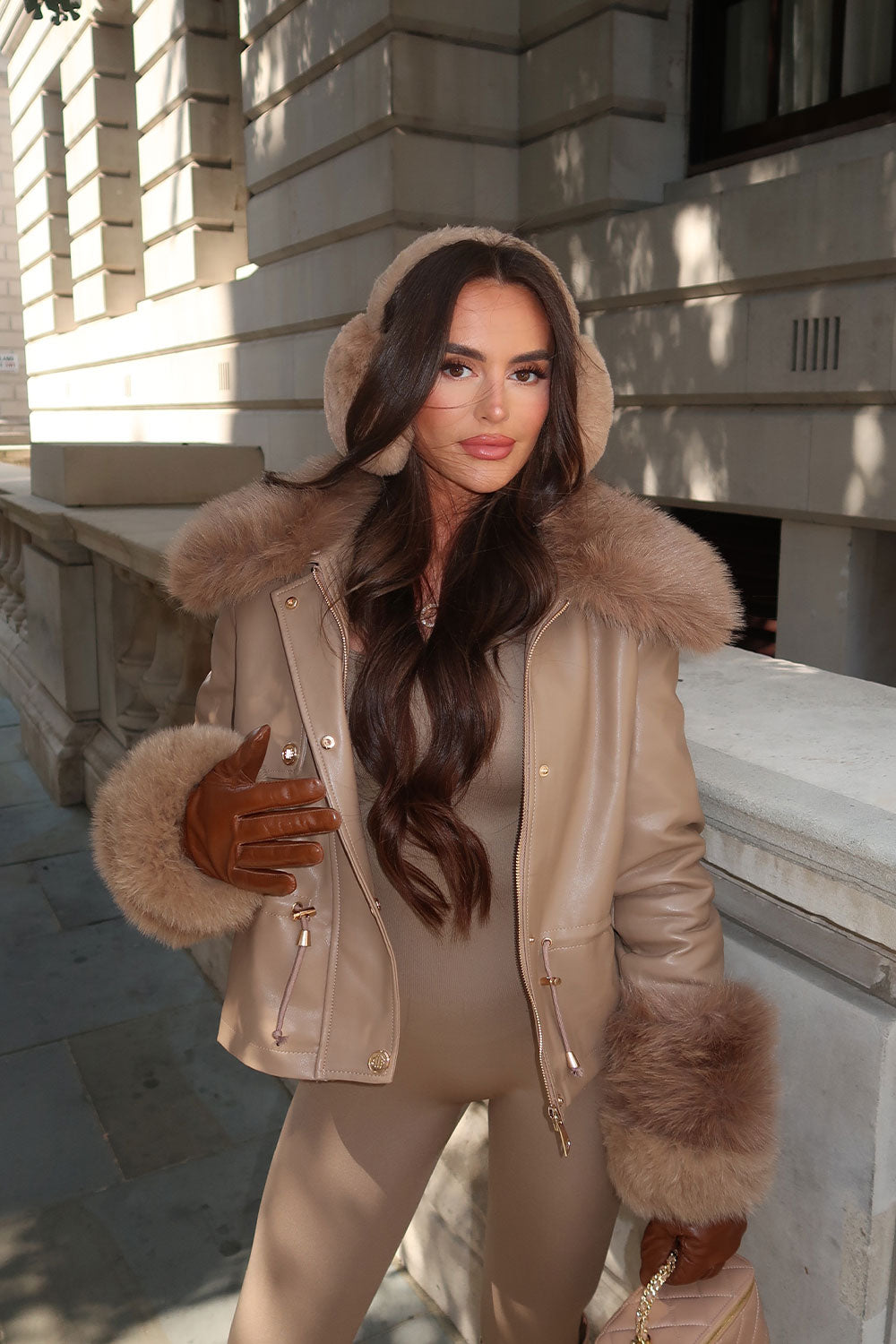 faux leather faux fur cuff fur collar drawstring waist winter jacket for womens styledup uk