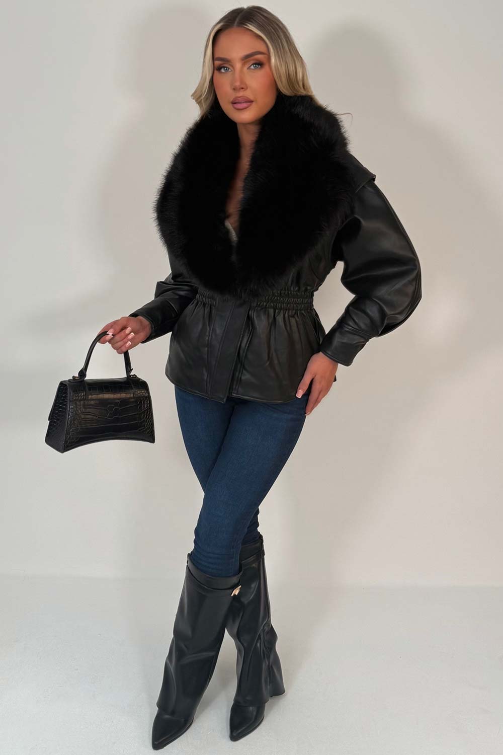 faux fur collar faux leather jacket with gathered waistline styledup uk