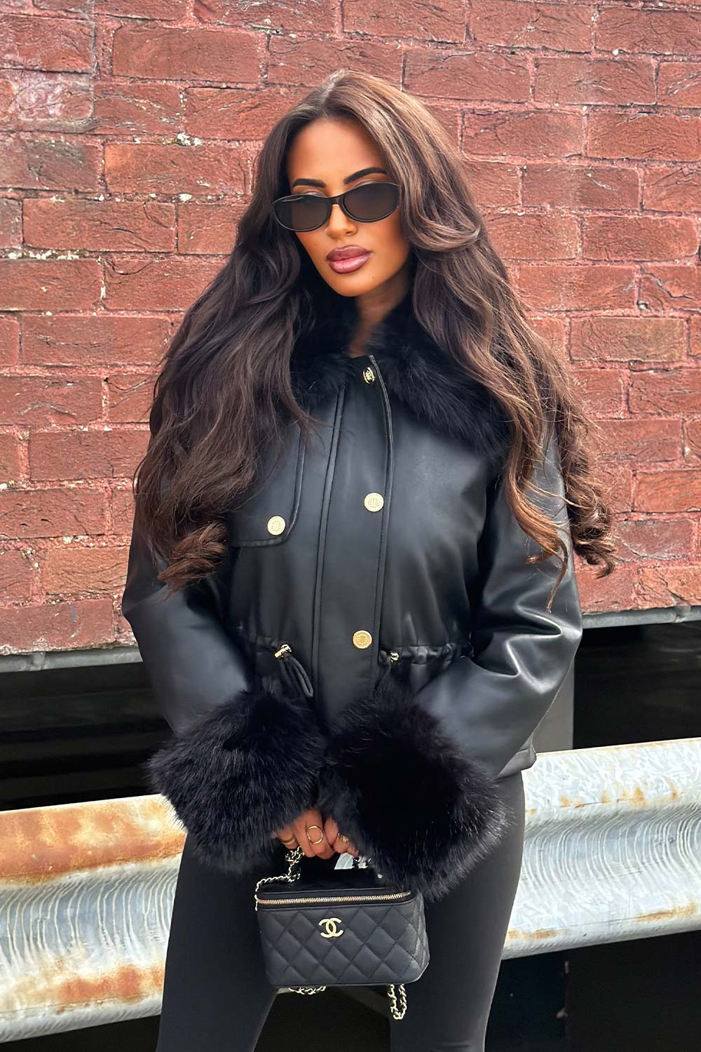 leather effect faux fur collar and cuff winter jacket with adjustable waist womens trendy outerwear styledup uk