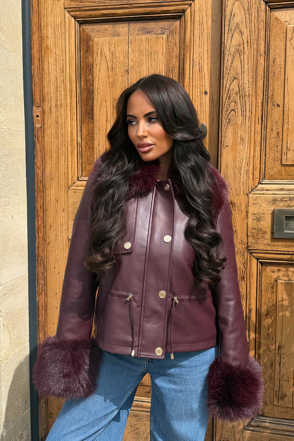 faux leather faux fur collar and cuff winter jacket trendy outerwear for womens uk styledup