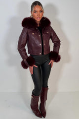 faux leather faux fur hood jacket with gold buttons styledup uk