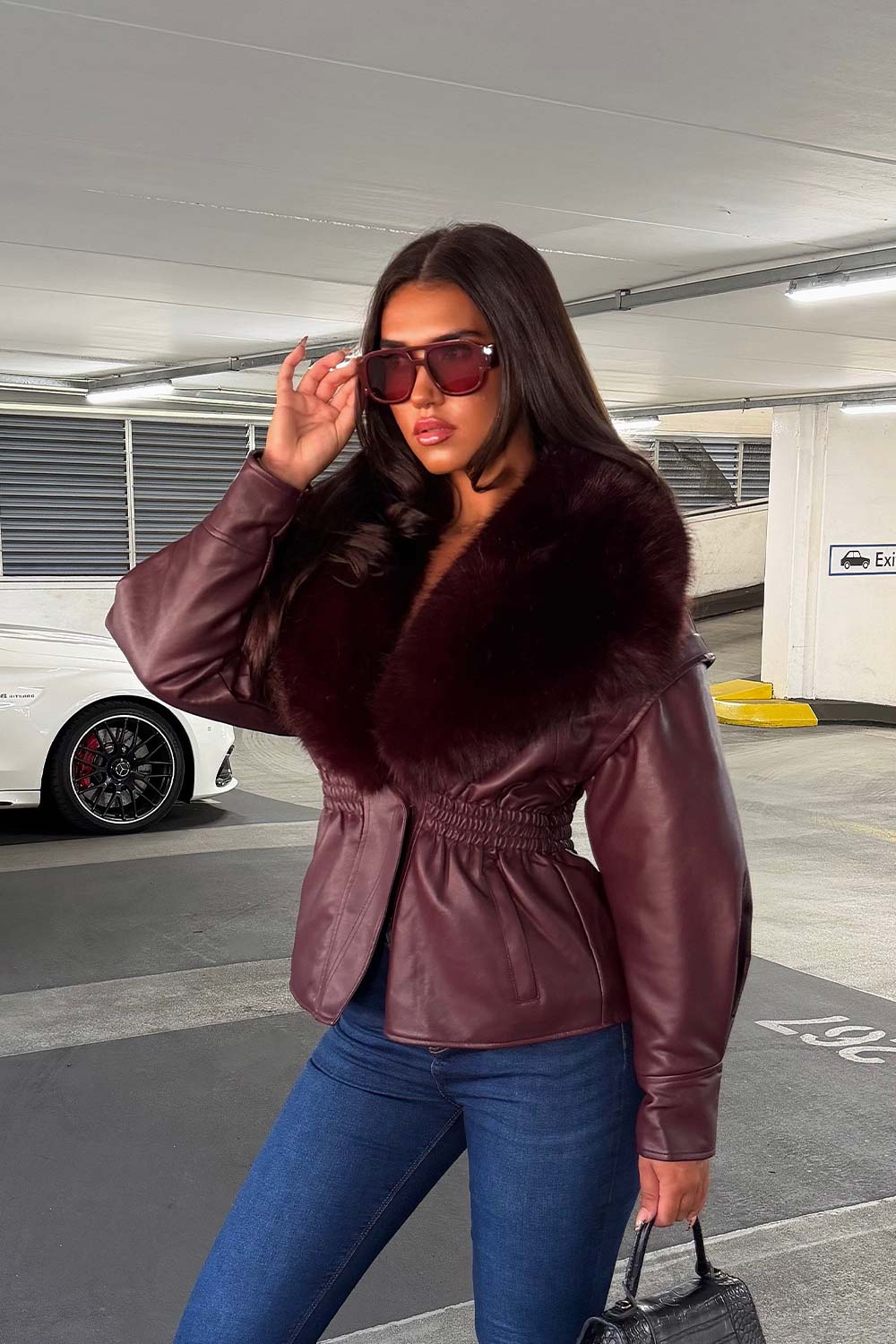 burgundy leather effect jacket with fur collar womens styledup uk
