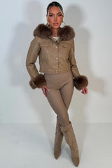 faux fur hood faux fur cuff faux leather jacket with gold buttons styledup uk 