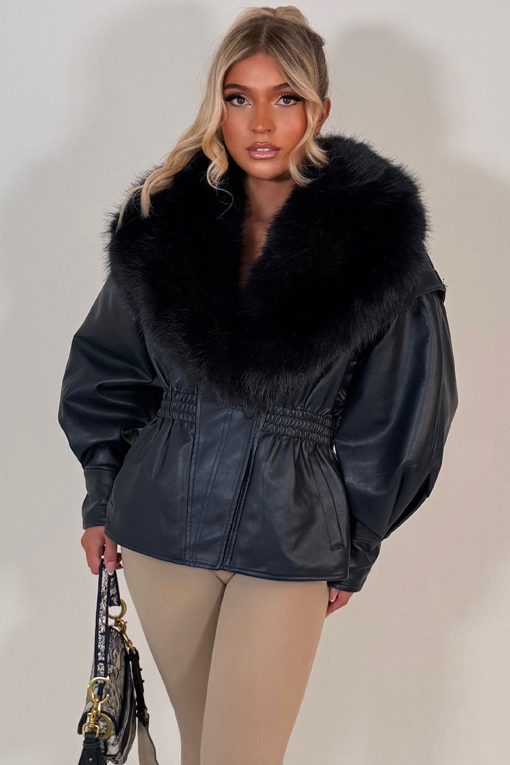 leather look jacket with fur collar navy womens styledup uk