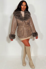 faux fur cuff faux fur collar winter jacket with belt styledup 