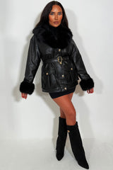 faux leather aux fur cuff collar winter jacket with belt styledup fashion