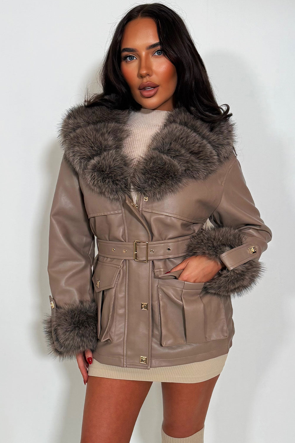 womens faux fur cuff collar faux leather winter jacket with belt faux fur lined for styledup