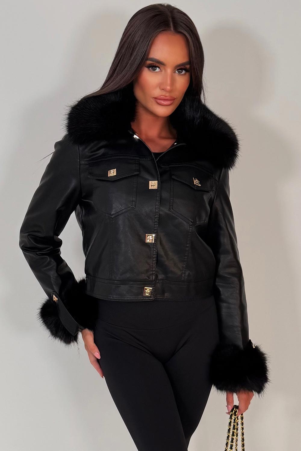 womens faux fur faux leather winter jacket with gold buttons uk