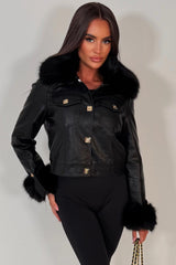 womens faux fur faux leather winter jacket with gold buttons uk