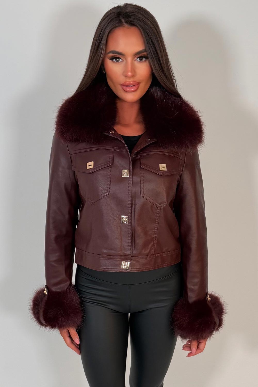 womens fur cuff and collar faux leather gold button bomber jacket styled up