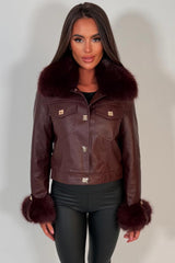 womens fur cuff and collar faux leather gold button bomber jacket styled up
