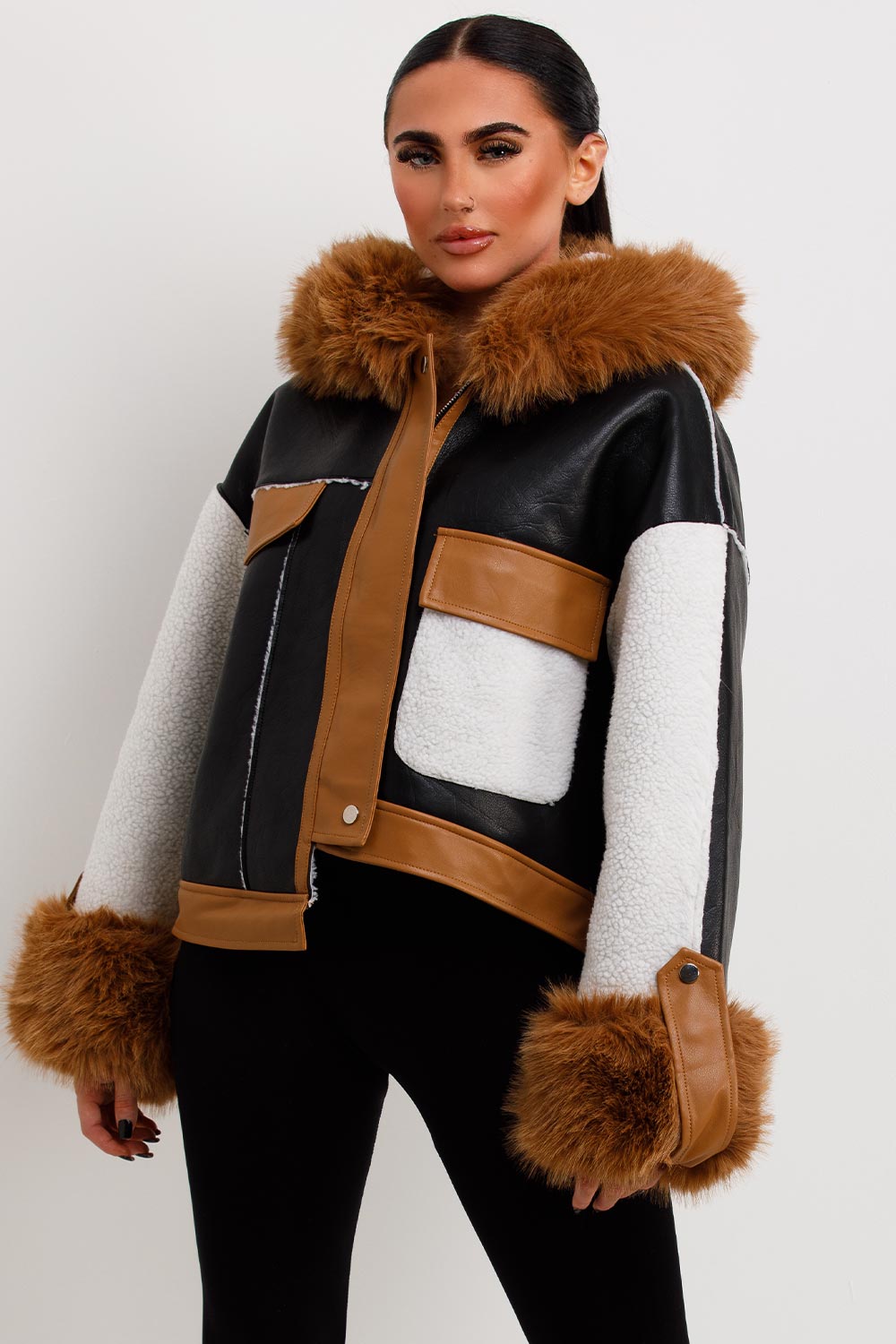 faux leather fur hood shearling jacket womens