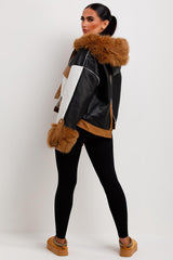womens faux fur hood faux leather shearling jacket