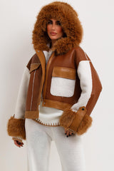 womens faux leather faux fur hood short jacket