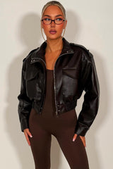 womens zara brown faux leather short jacket with high collar long sleeves shoulder tabs pockets on front zip fastening styledup 